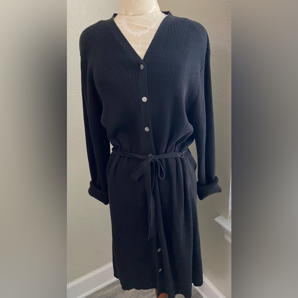 Karen Scott Black Ribbed Cotton Long Sweater Button Down Size XL Belted, Midi